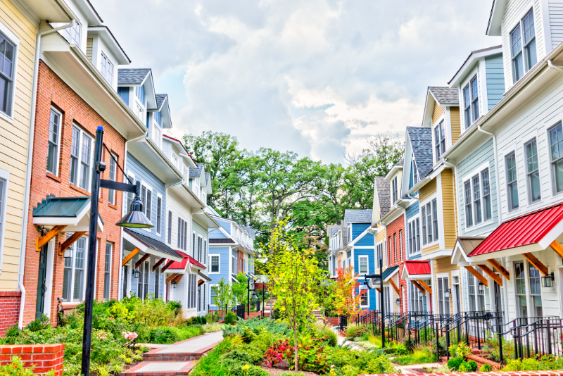 Row of colorful residential townhouses